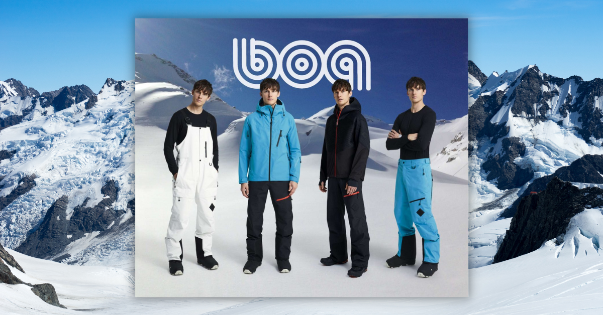 Group four people wearing snow clothes, $1,000 snow gear giveaway.