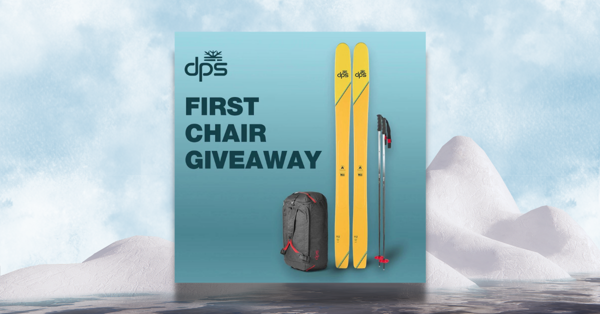 First chair giveaway including new skis, poles, and a bag.