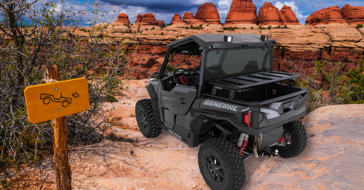 Polaris 4x4 on a rock trail, Rhino-Rack Polaris giveaway.